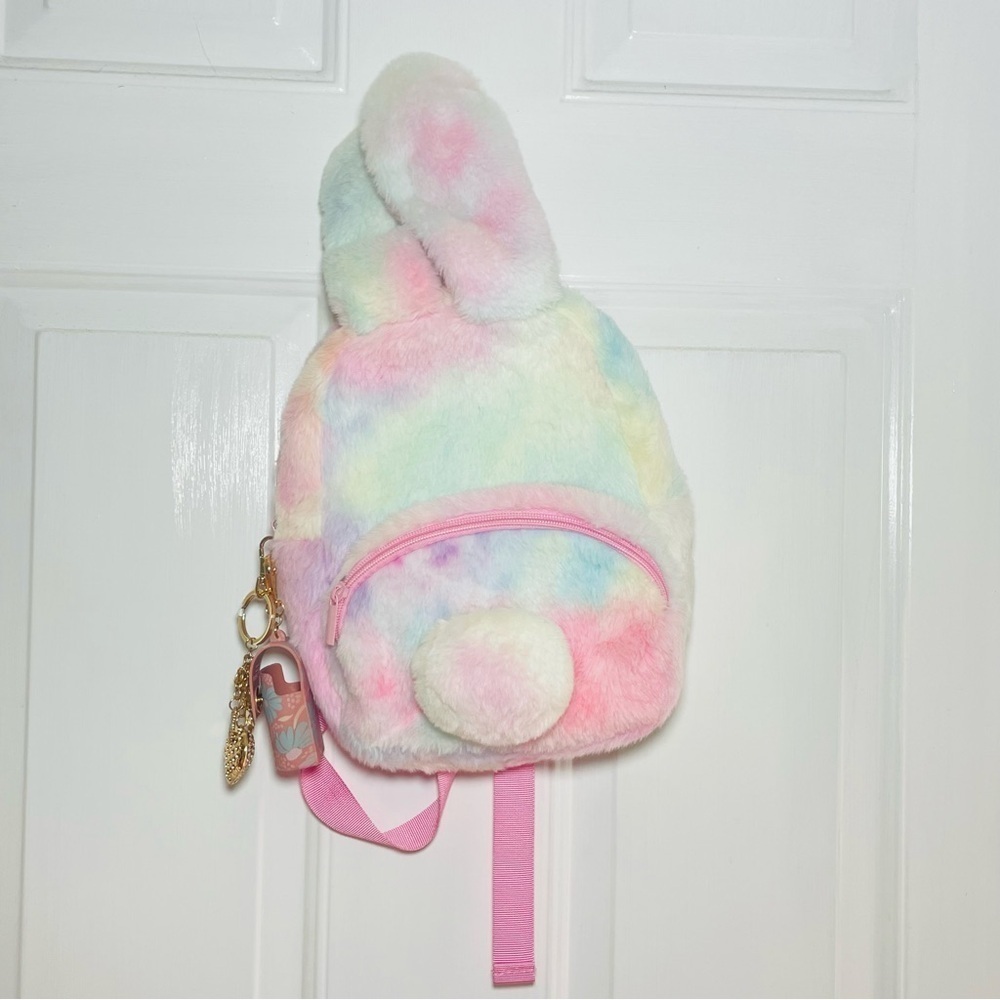 Claire’s Rainbow Bunny Plush Mini Backpack – Pastel Fuzzy Kids Bag NWT - Picture 2 of 11